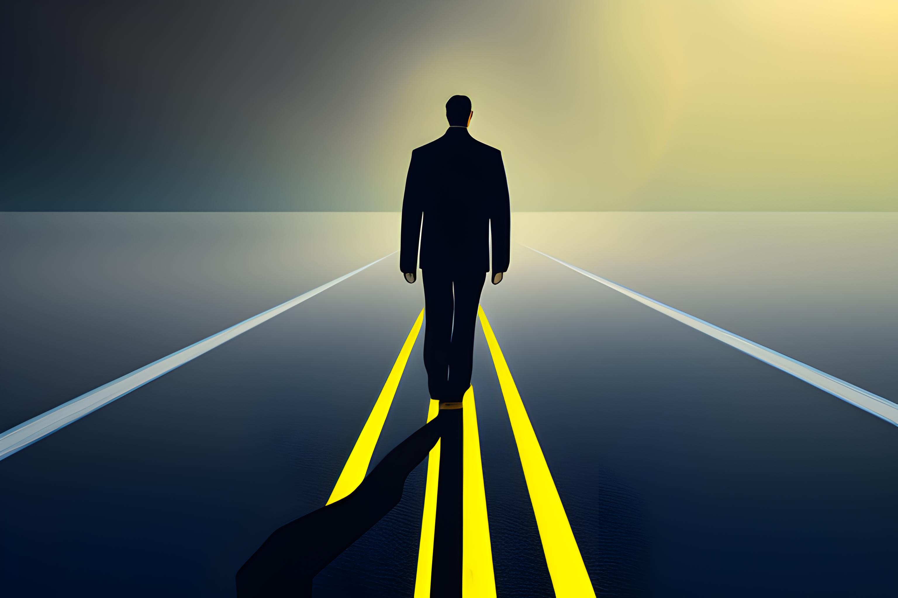 create a wallpaper that says a million miles to go with a man standing far away from a big gate and no body is there except him. Make it a little gloomy but not too much